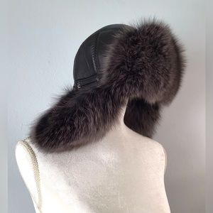 Arctic Fox Fur Leather Trapper Aviator Hat Bomber